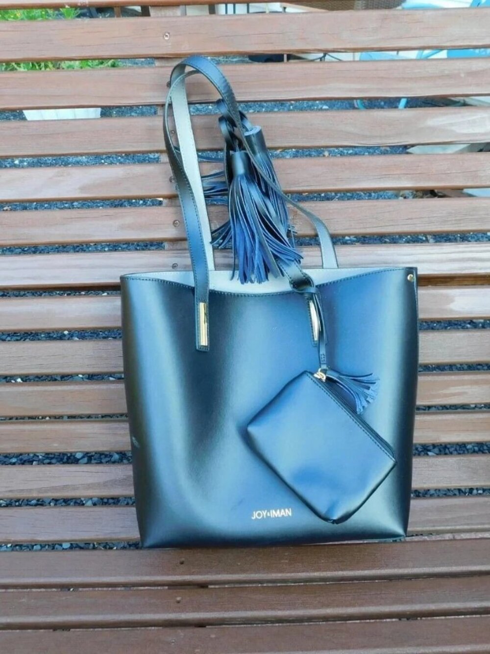 JOY & IMAN Tassel Chic Leather Handbag Purse with Fabric insert Black USED Once